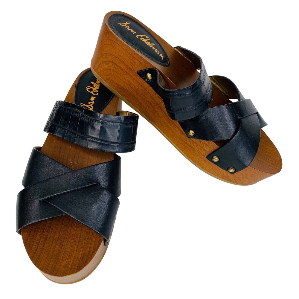 Sam Edelman Sandals Bane 7.5M Black Platform Leather Slide Wood